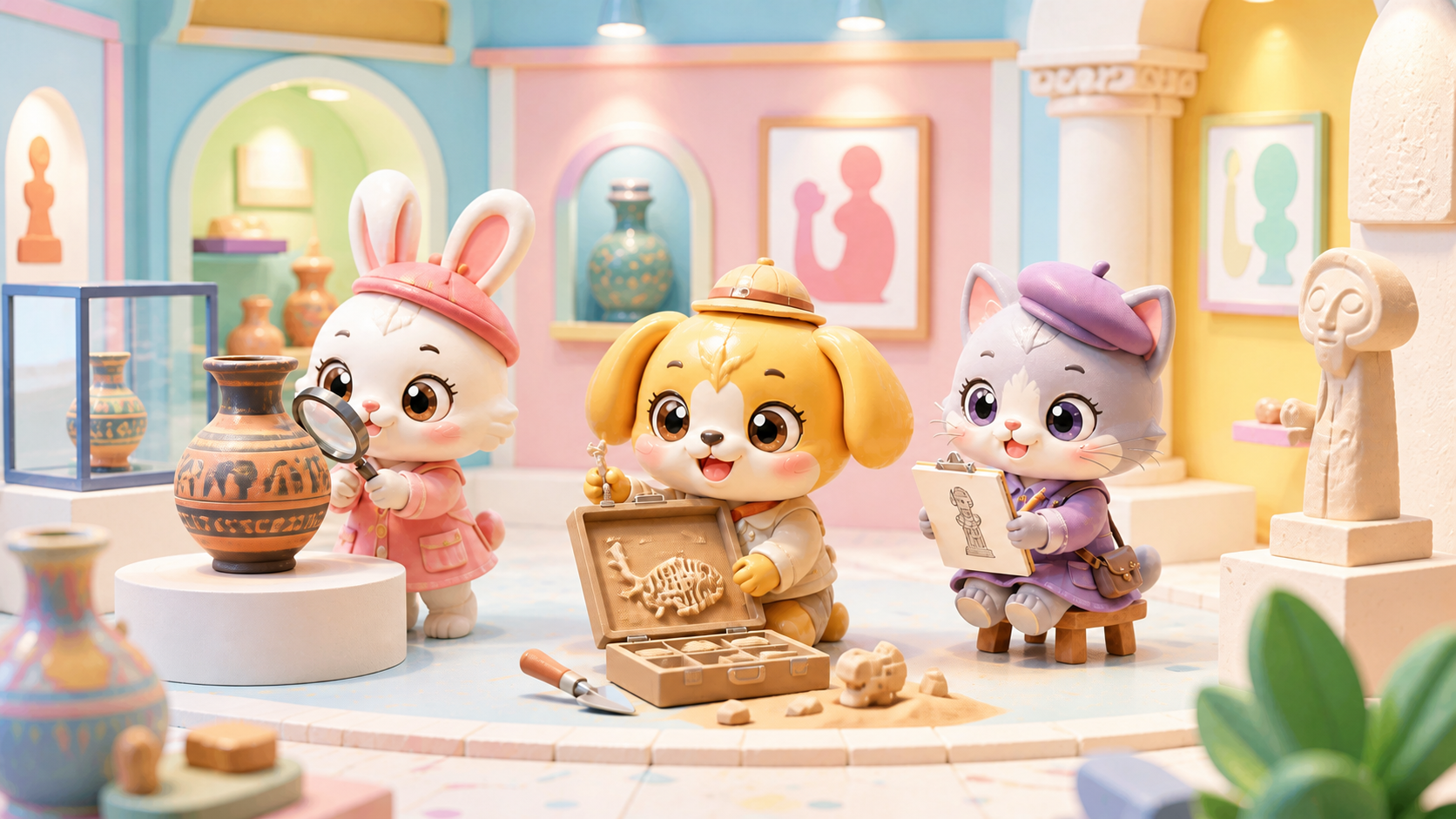 Three collectible characters exploring artifacts inside a colorful miniature museum